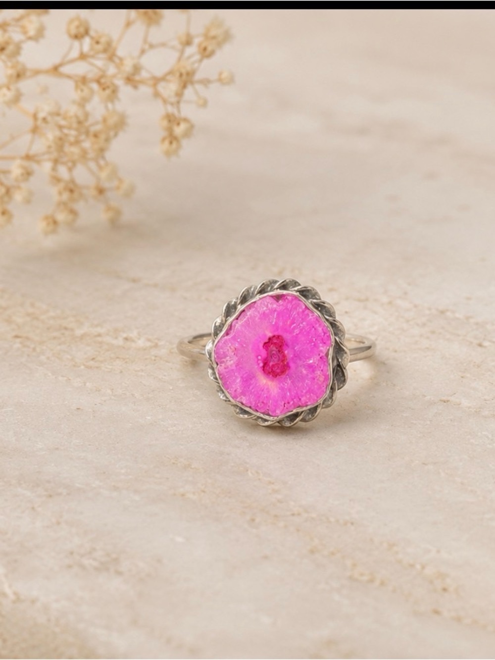 Pink Druzy Slice Sterling Ring - Women's Fashion 925 sterling silver Jewelry